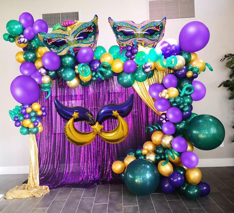 LUCKKYY Mardi Gras Balloon Garland Kit 108 PCS Purple Green Gold Balloons Mask Sign Foil Balloons for Mardi Gras Masquerade New Orleans Party - Image 2